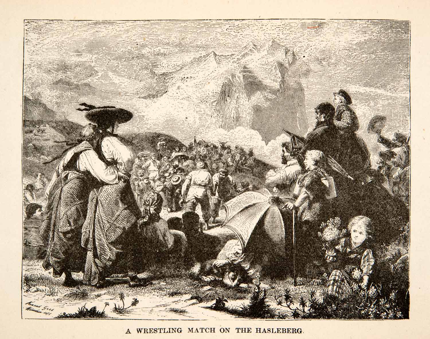 1881 Wood Engraving Wrestling Match Landscape Hasleberg Switzerland Crowd XEI4