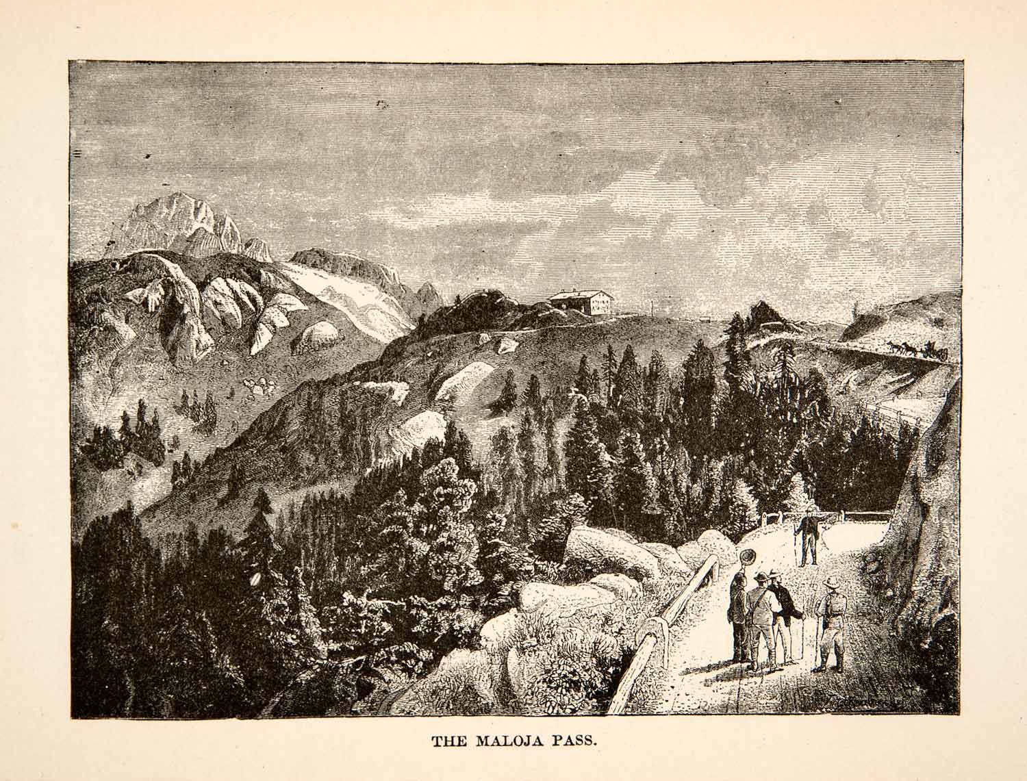 1881 Wood Engraving Maloja Mountain Pass Swiss Alps Switzerland Italy XEI4