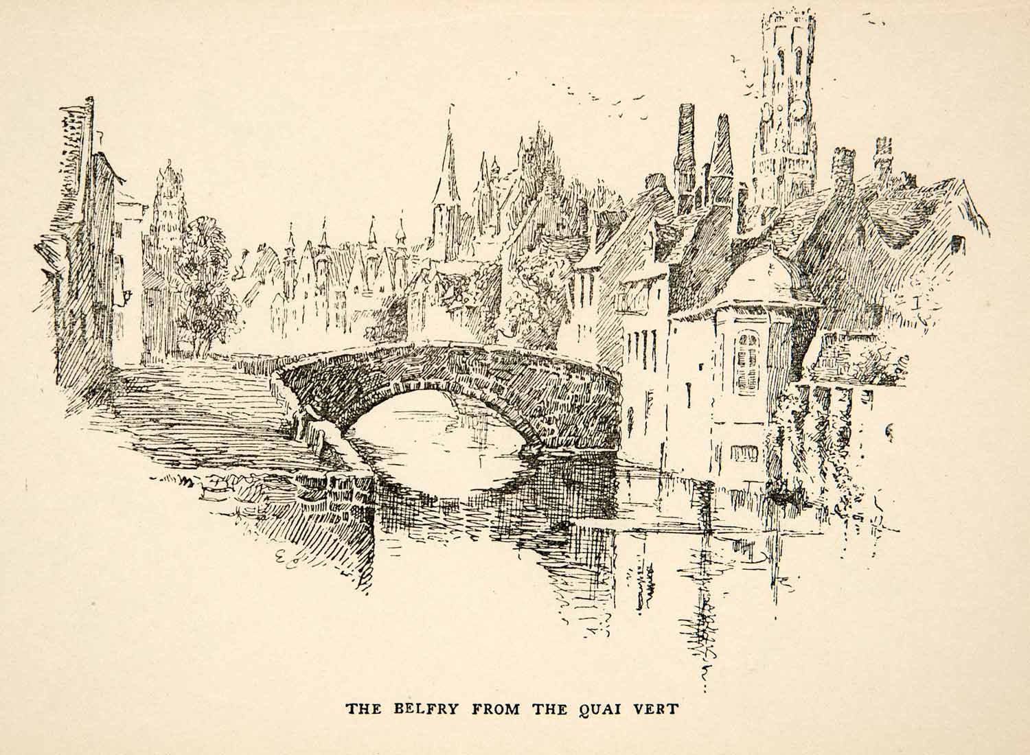 1905 Lithograph Quai Vert Belfry Bruges Belgium Cityscape Bridge Tower XEI6