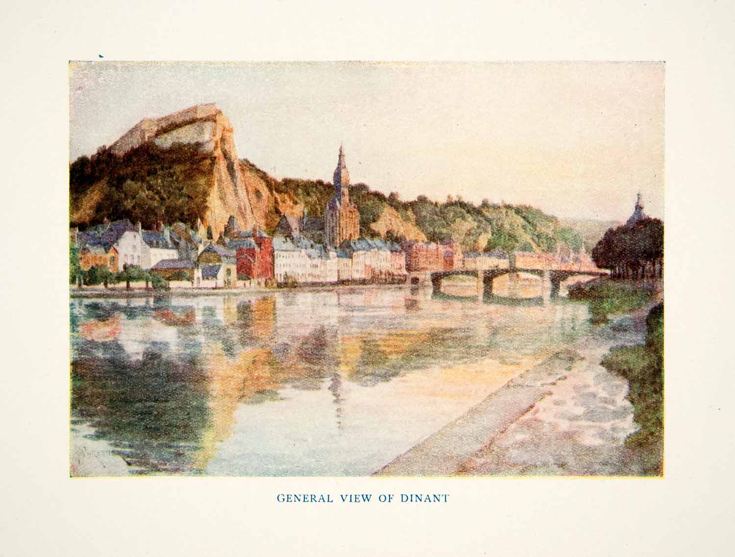 1920 Color Print Dinant Belgium River Meuse Bridge Notre Dame Citadel Cliff XEI8