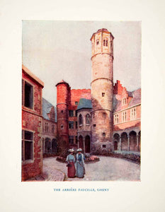 1920 Color Print Maison Arriere Faucille Medieval Tower Ghent Belgium XEI8