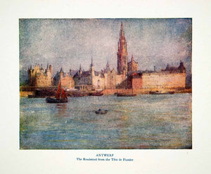 1920 Color Print Antwerp Belgium Cathedral Seaport Sailboat Harbor Spire XEI8