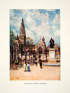 1920 Color Print Antwerp Belgium Place Verte Cathedral Church Spire Park XEI8
