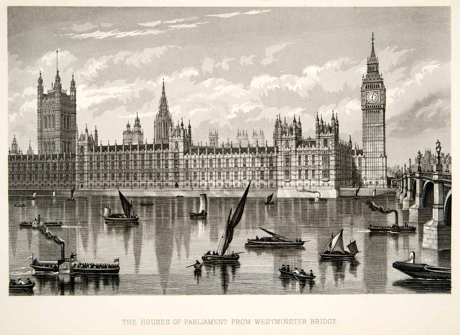 1881 Steel Engraving Houses Parliament England Big Ben Harbor Ships XEI9