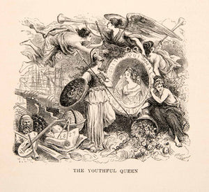 1881 Wood Engraving Art Queen Victoria Portrait Trumpeter Angels Knight XEI9