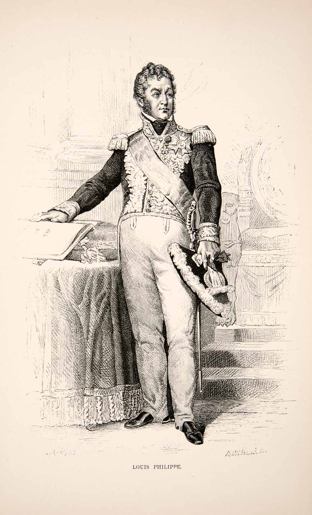 1881 Wood Engraving King France Louis Philippe Military Political Portrait XEI9