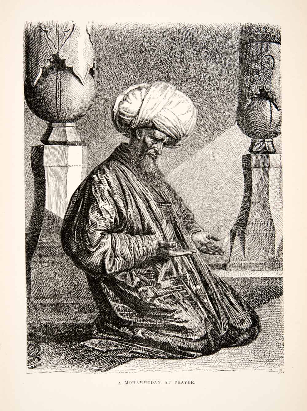 1881 Wood Engraving Mohammedan Prayer Islam Muslim Religious Costume XEI9