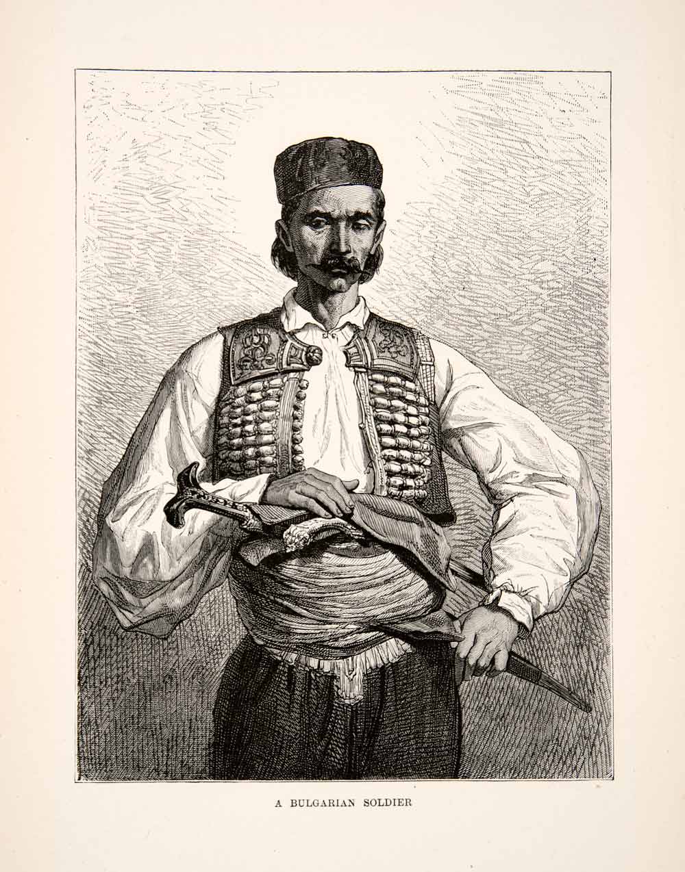 1881 Wood Engraving Bulgarian Military Soldier Portrait Cultural Uniform XEI9