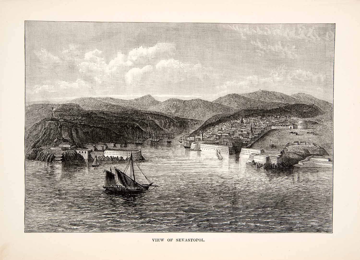 1881 Wood Engraving Sevastopol Ukraine Cityscape Harbor Maritime Ships XEI9