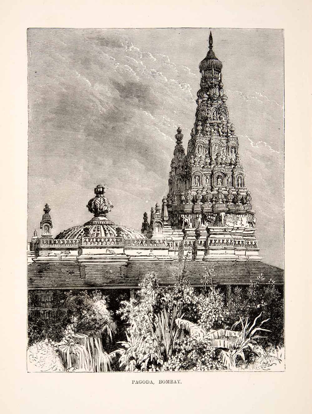 1881 Wood Engraving Bombay Mumbai Maharashtra India Pagoda Architecture XEI9