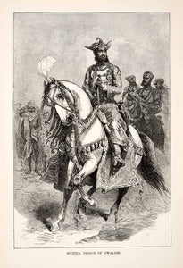 1881 Wood Engraving Scindia Prince Gwalior Maratha India Royal Horseback XEI9