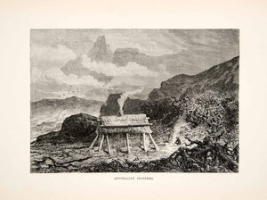 1881 Wood Engraving Australian Pioneers Camp Shack Grass Hut Landscape XEI9