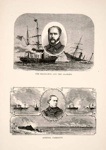 1881 Wood Engraving Admiral David Farragut American Civil War Navy Ships XEI9
