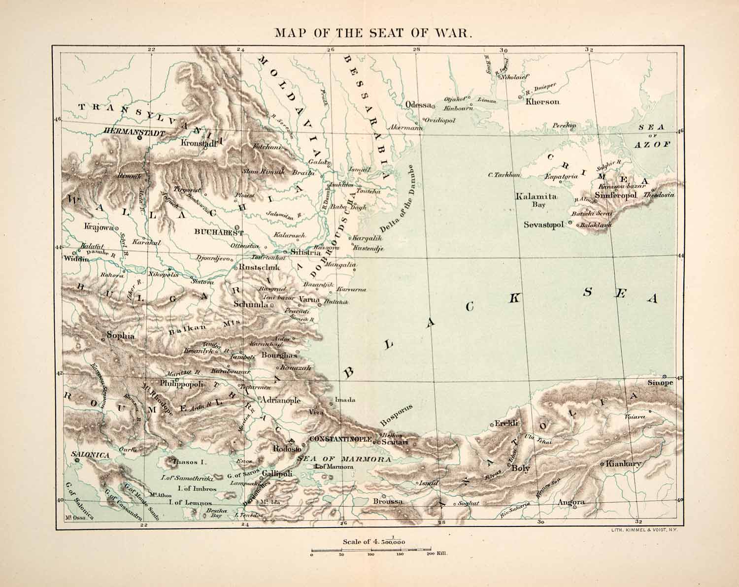 1881 Lithograph Antique England War Map Crimea Constantinople Turkey XEI9