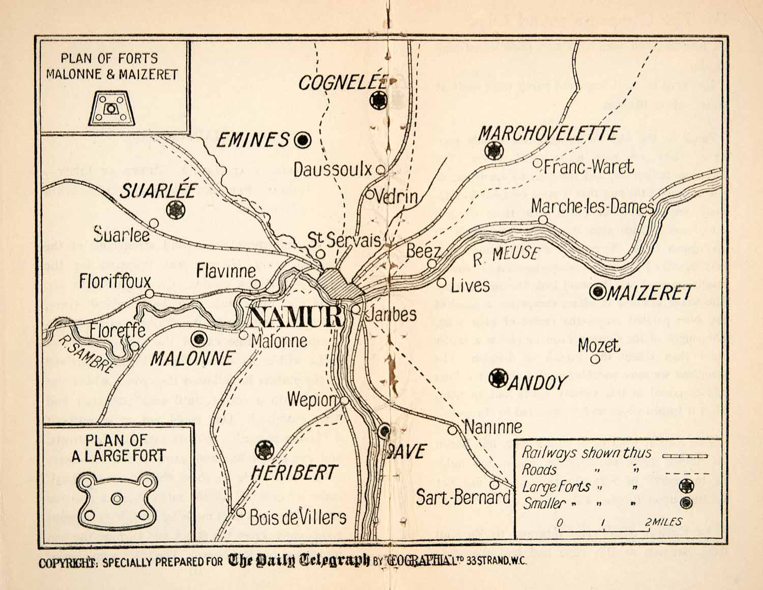 1914 Lithograph Map Battle Li&#233;ge Belgium World War I Forts Railway XEJ1