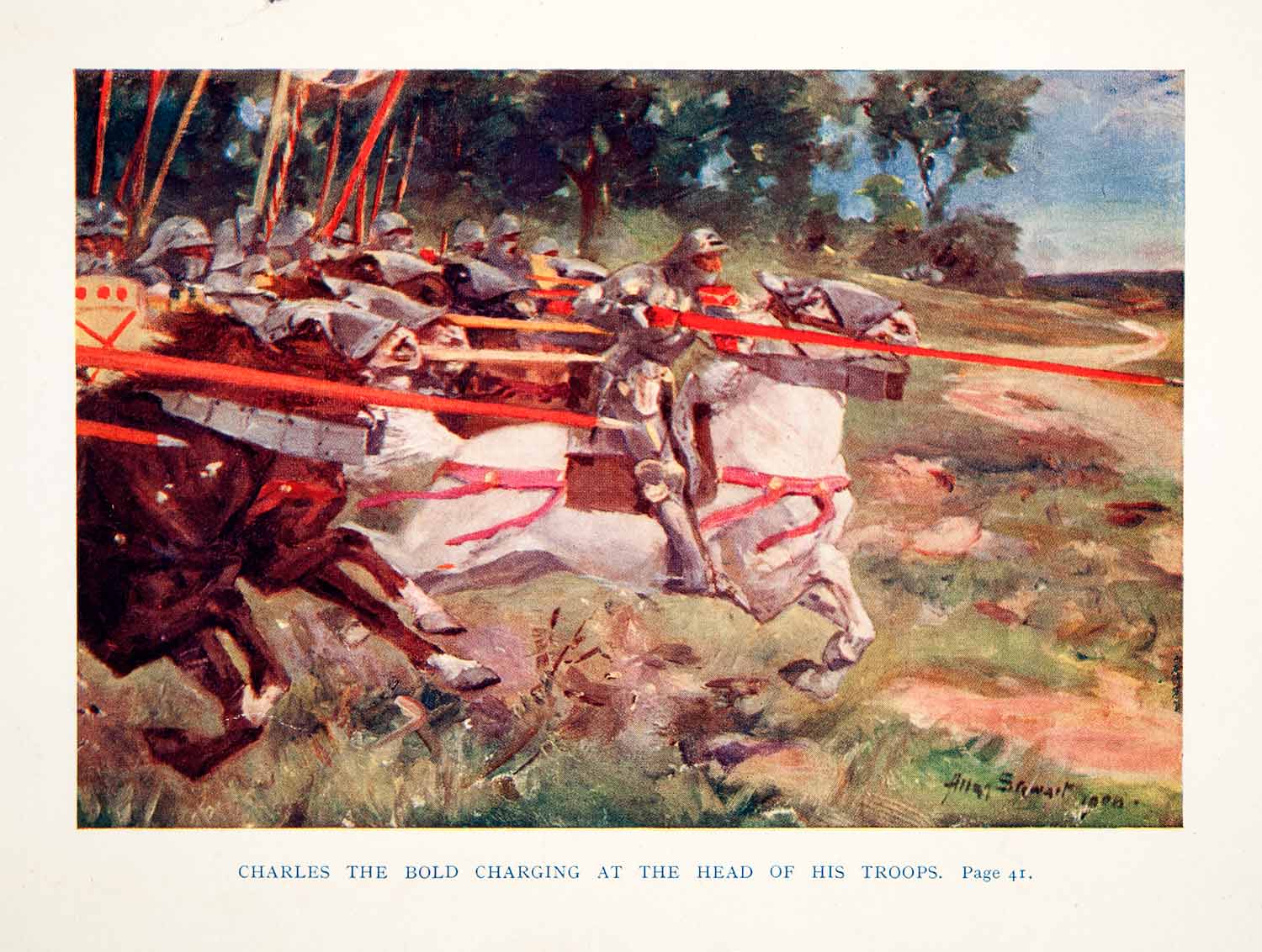 1913 Color Print Charles Bold Knights Medieval Battle Charge Lance Horse XEJ9