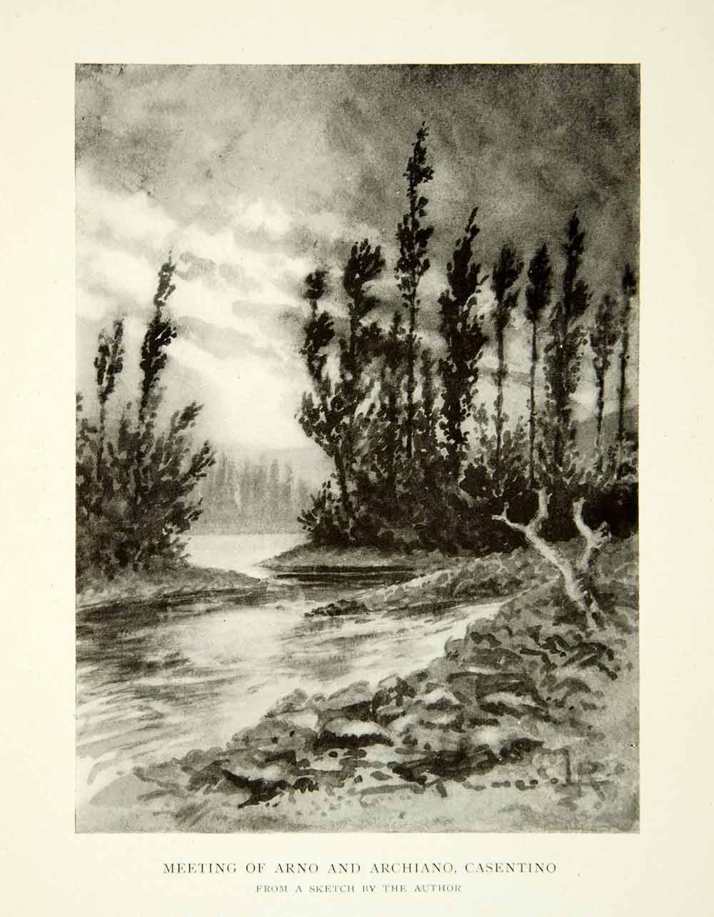 1907 Print Arno Archiano Casentino Italy River Tree Landscape Lonsdale XEJA1