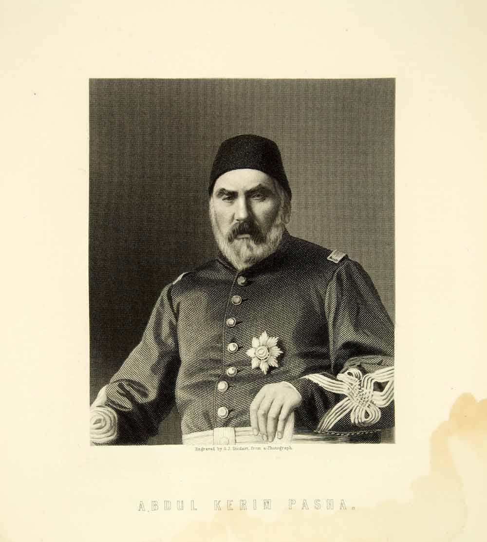 1878 Steel Engraving Abdul Kerim Pasha Ottoman Officer Russo Turkish War XEJA5