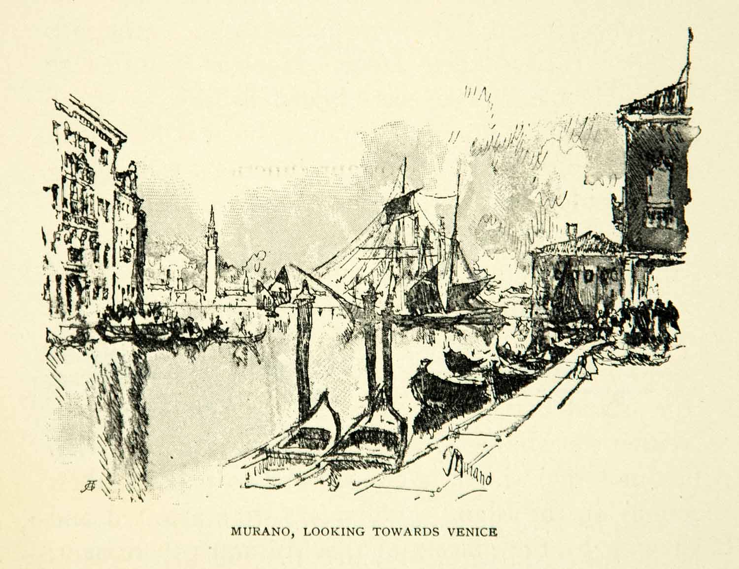 1905 Print Venice Italy Murano Island Venetian Lagoon Boats Joseph Pennell XEJA6