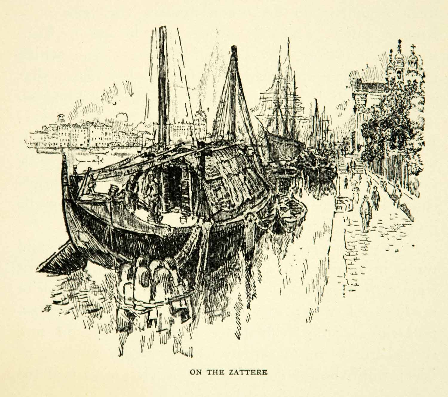 1905 Print Zattere Venice Waterfront Promenade Canal Boats Joseph Pennell XEJA6