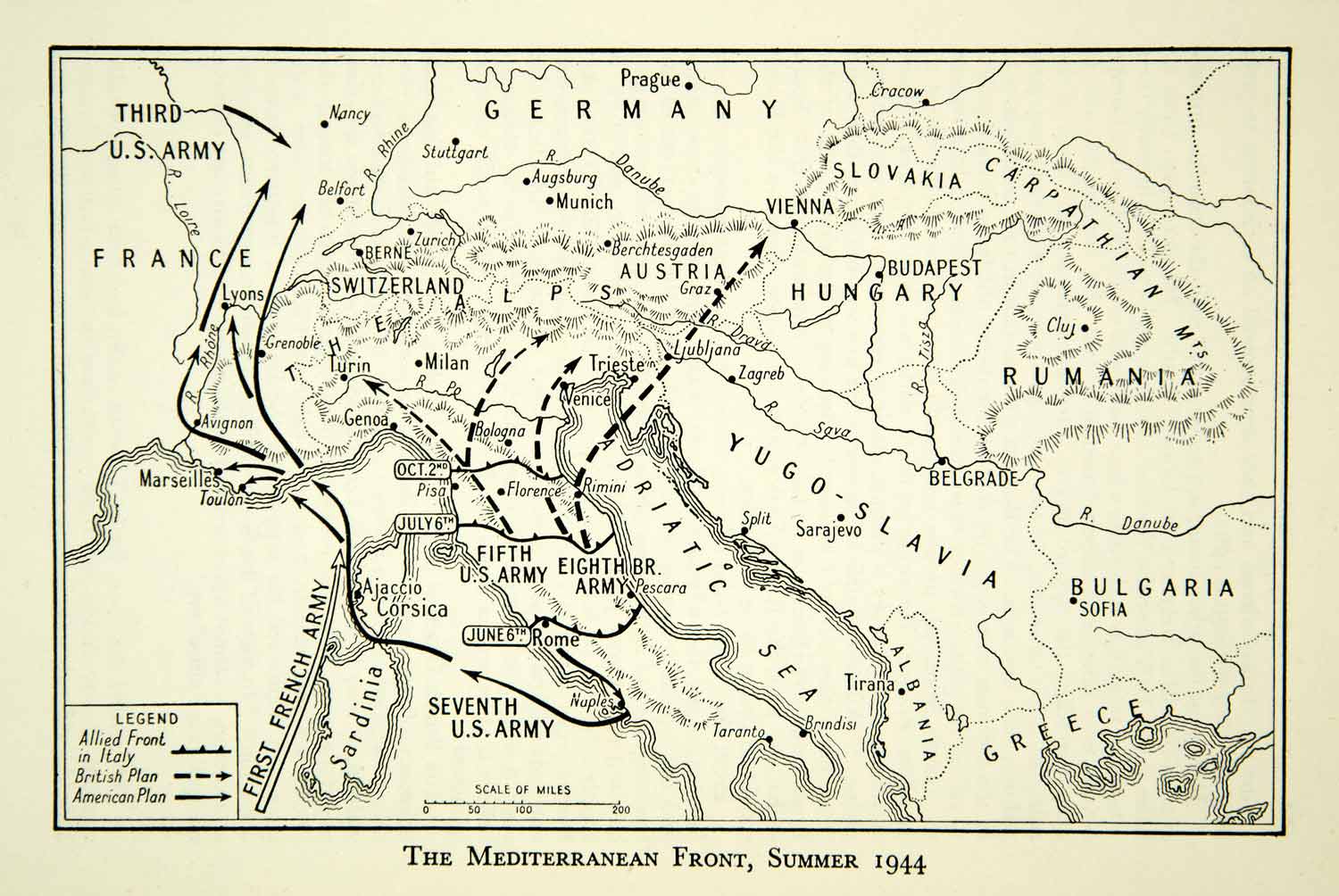 1952 Lithograph World War Two Mediterranean Front Italian Defense Alli ...
