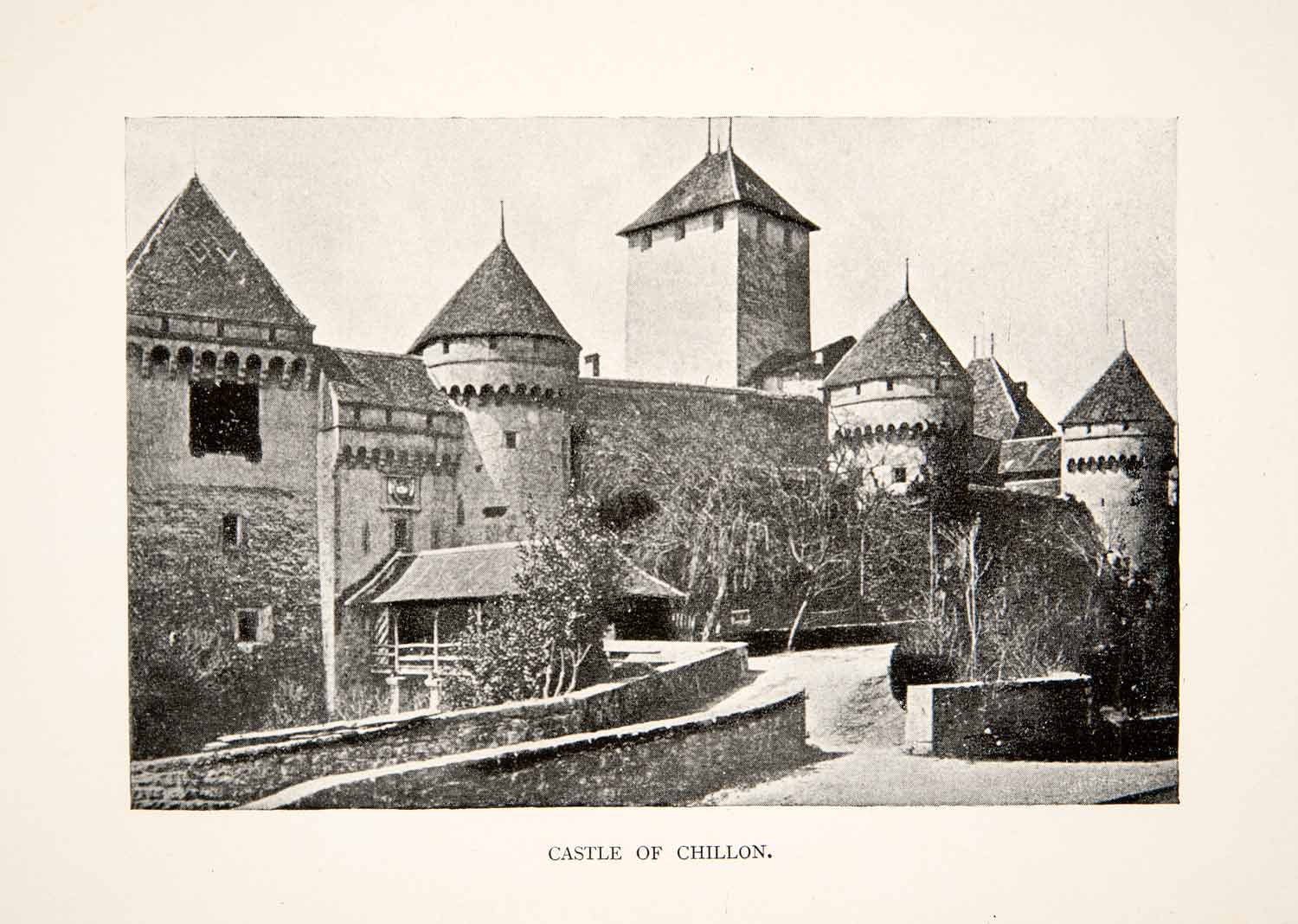 1897 Print Ancient Chillon Castle TowersVeytaux Montreux Switzerland Lake XEK9