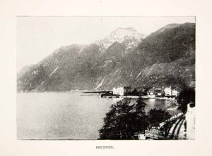 1897 Print Brunnen Lake Lucerne Switzerland Coastal Cityscape Historic XEK9