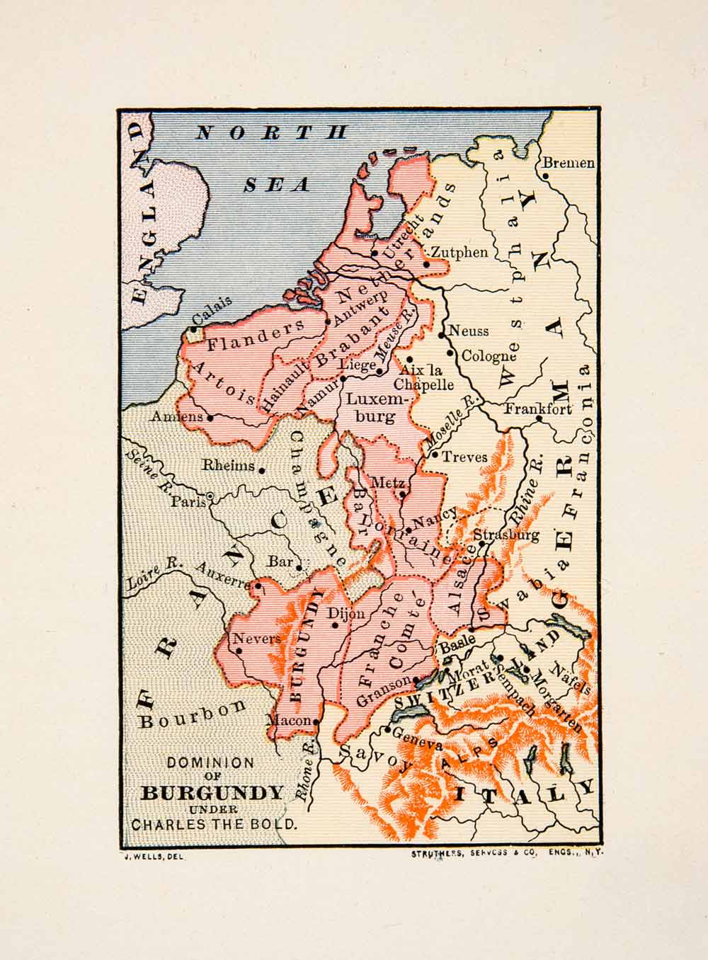 1897 Print Map Kingdom Dominion Burgandy Charles Bold France Switzerland XEK9