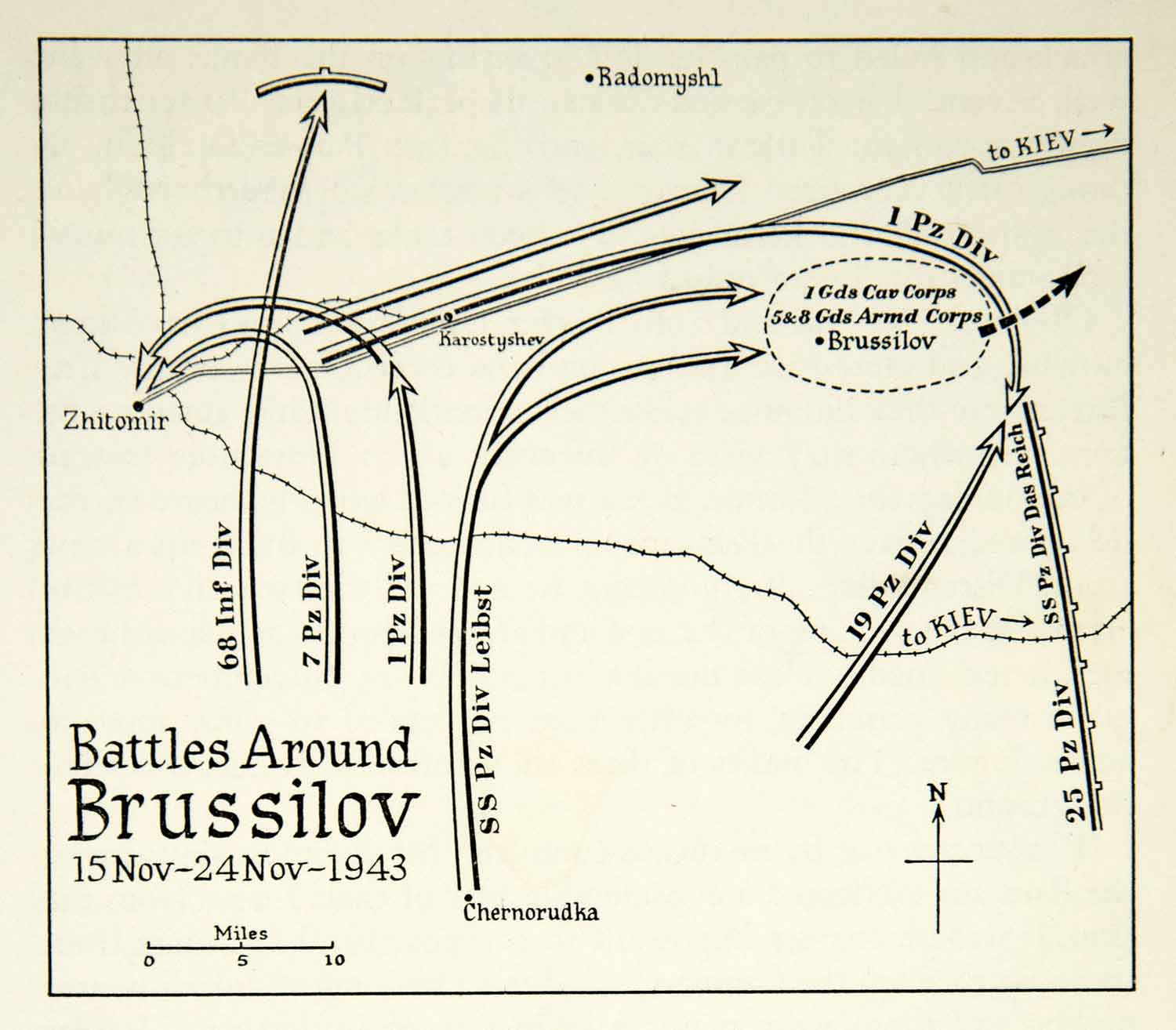 1956 Print Battle Brussilov World War II Army Military Map Radomyshl Kiev XEKA5