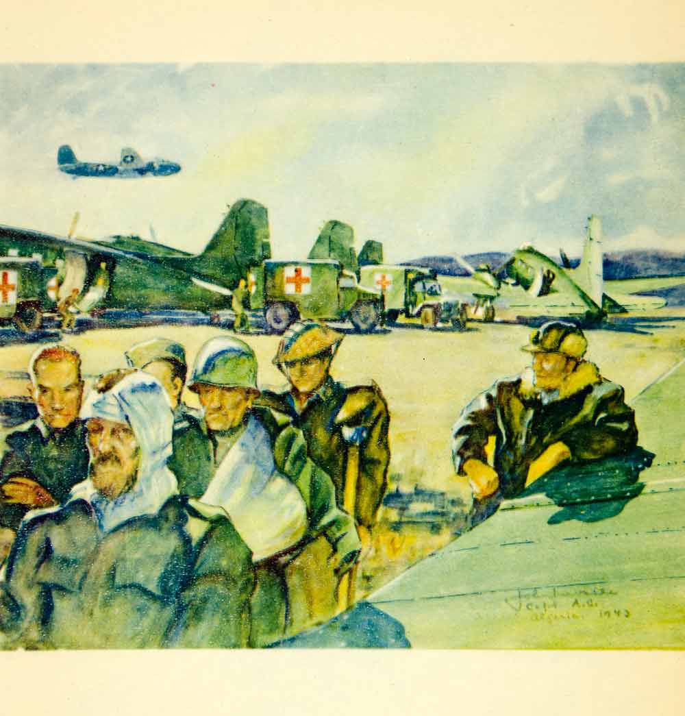 1944 Photolithograph World War Two Airplanes Ambulance Wounded Troops XEKA7