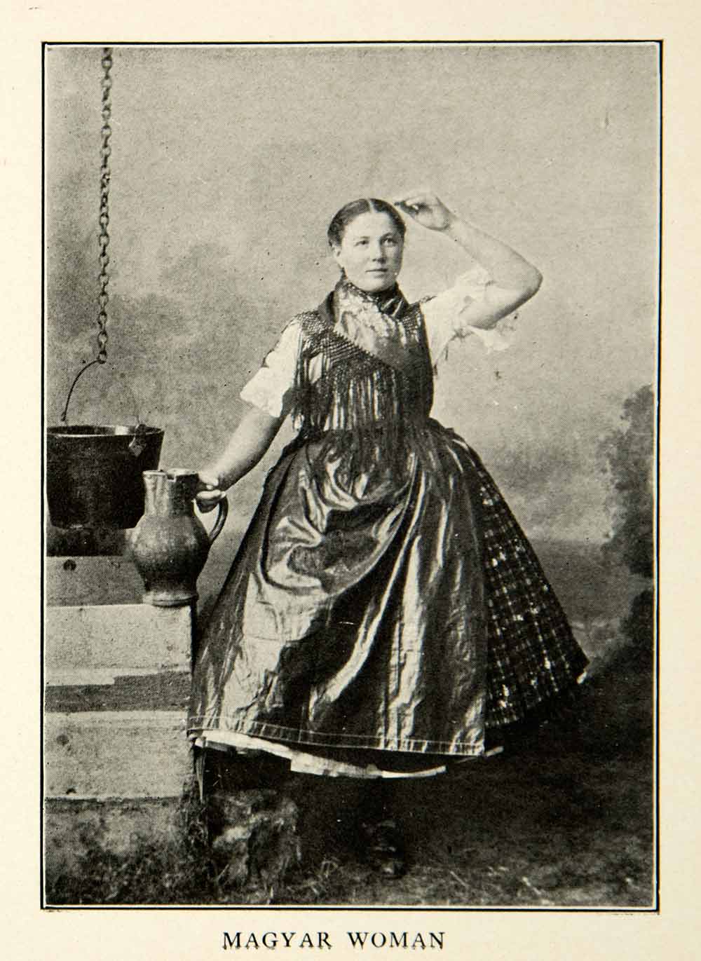 1907 Print Magyar Woman Dress Apron Traditional Clothing Stove Shawl XEKA9