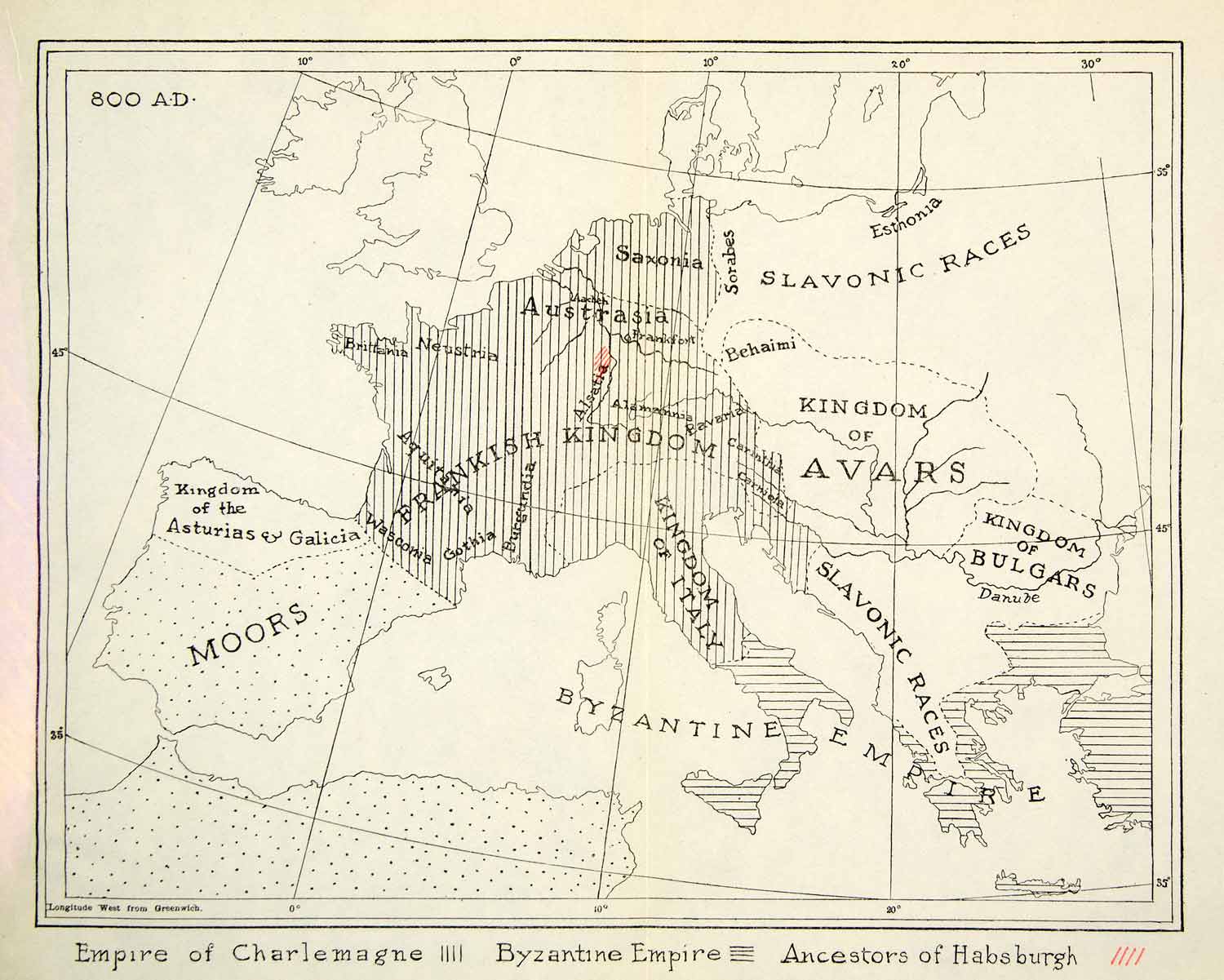 1907 Print Map Empire Charlemagne Byzantine Habsburg France Moors
