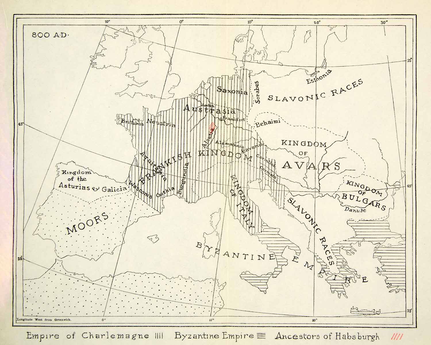 1907 Print Map Empire Charlemagne Byzantine Habsburg France Moors Europe XEKA9