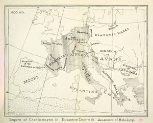 1907 Print Map Empire Charlemagne Byzantine Habsburg France Moors Europe XEKA9