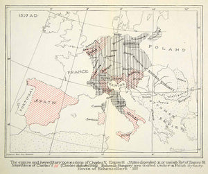 1907 Print Map Europe Spain Charles V Empire 1500s Poland Hohenzollern XEKA9