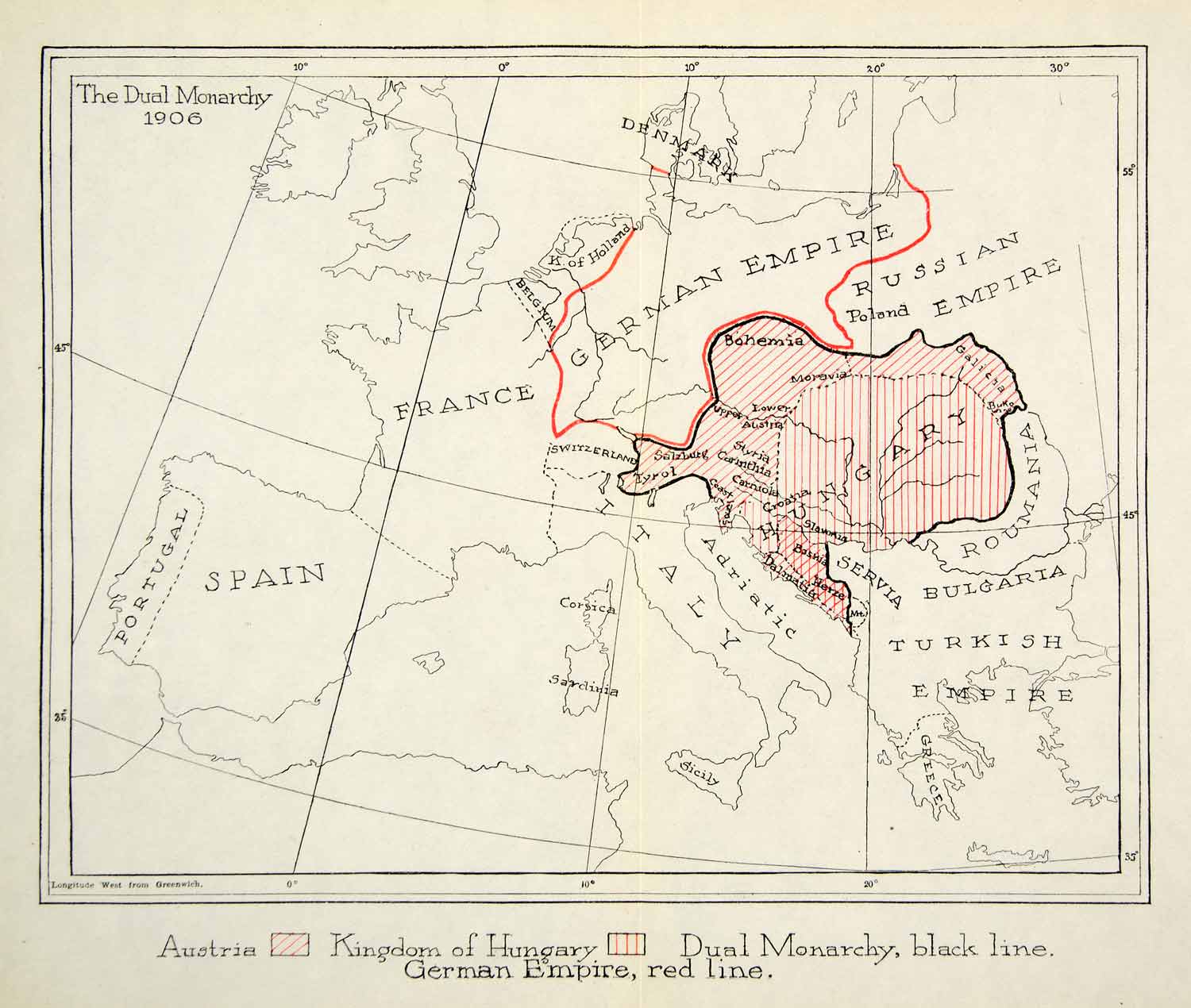 1907 Print Map Europe German Empire Hungary France Russia Turkish Denmark XEKA9