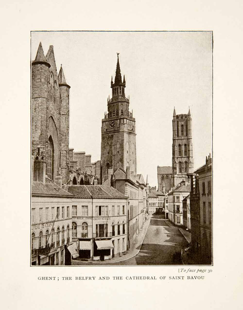 1914 Print Ghent Belgium Belfry Saint Bavo Cathedral Bell Tower Spire XEL2