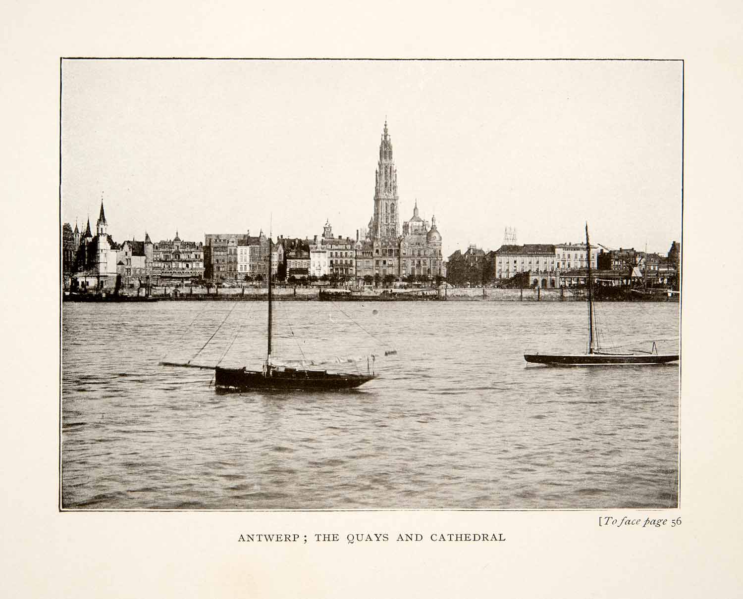 1914 Print Cityscape Antwerp Belgium Quays Ship Boat Gothic Cathedral Our XEL2