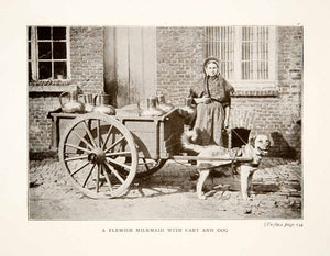 1914 Print Flemish Milkmaid Cart Dog Belgium Street History Cobblestone XEL2
