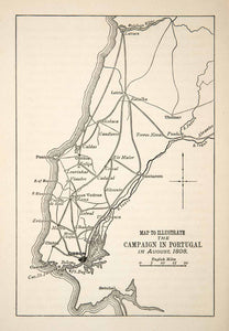 1898 Print Map Campaign Portugal Thomar Leiria Batalha Mondego River Lisbon XEL7