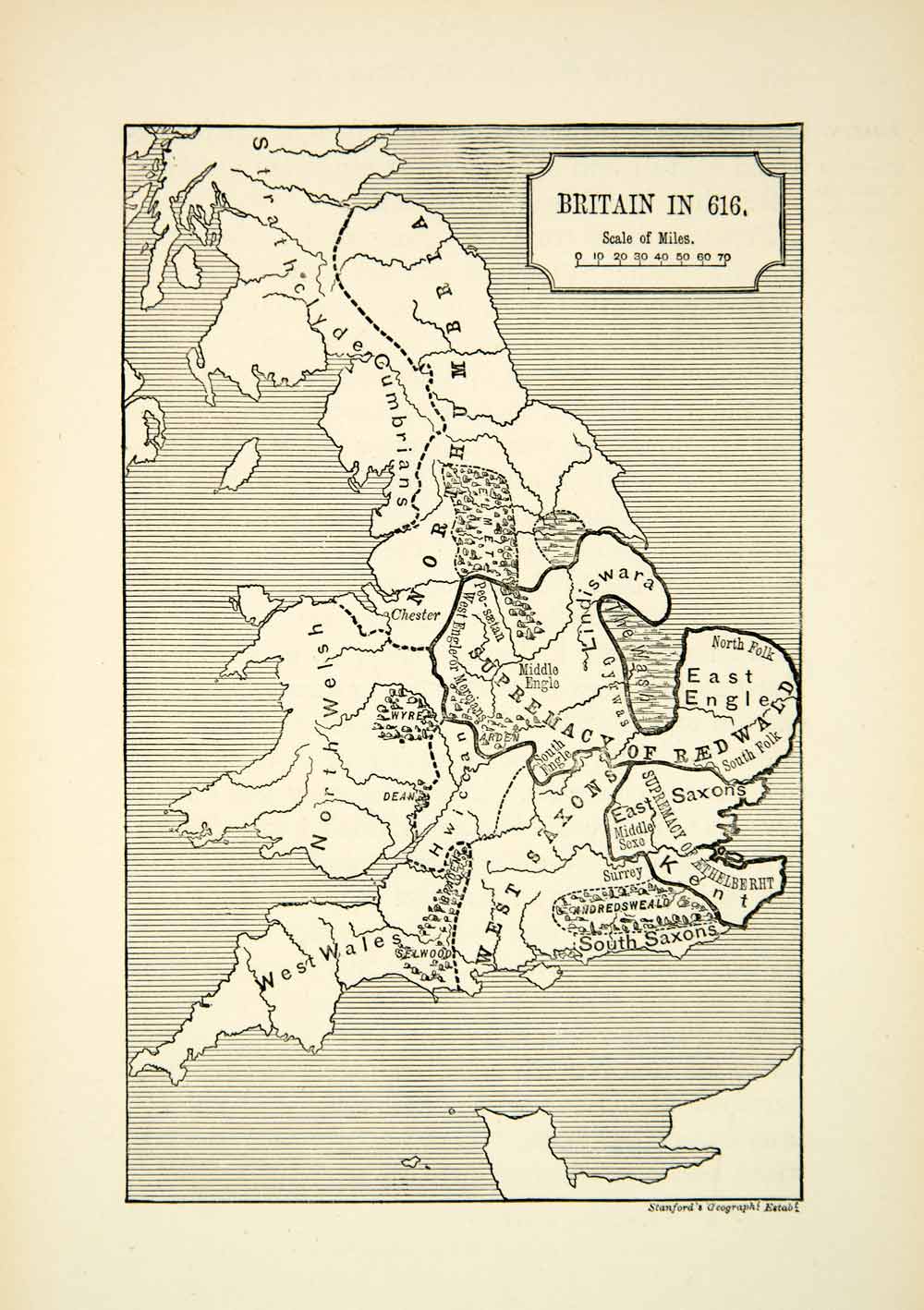 1882 Print Map Britain Redwald Saxon Kent Northumbria Lindiswara XELA2