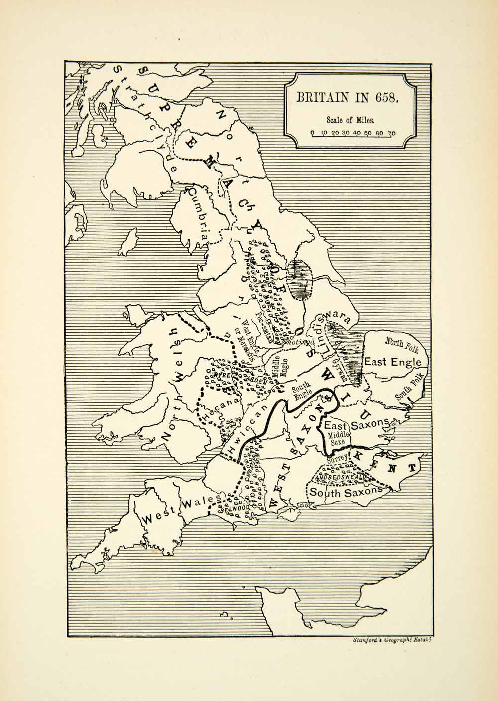 1882 Print Map Oswiu Saxons Northumbria Britain England Wales Cumbria XELA2