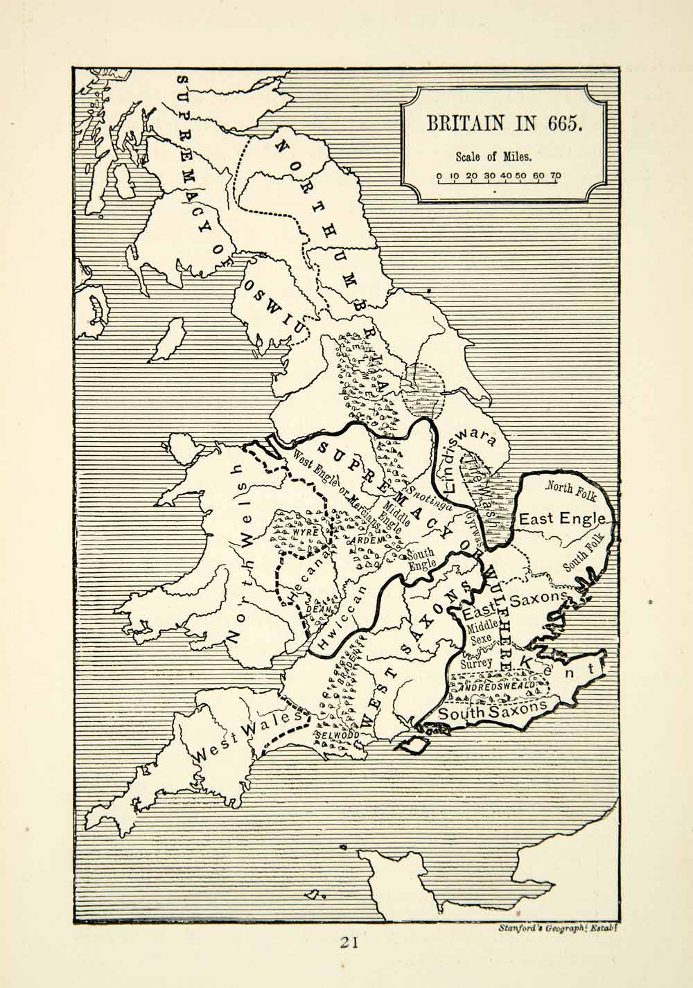 1882 Print Map Britain Wulhere Saxons Engle Northumbria Oswiu Hwiccan XELA2