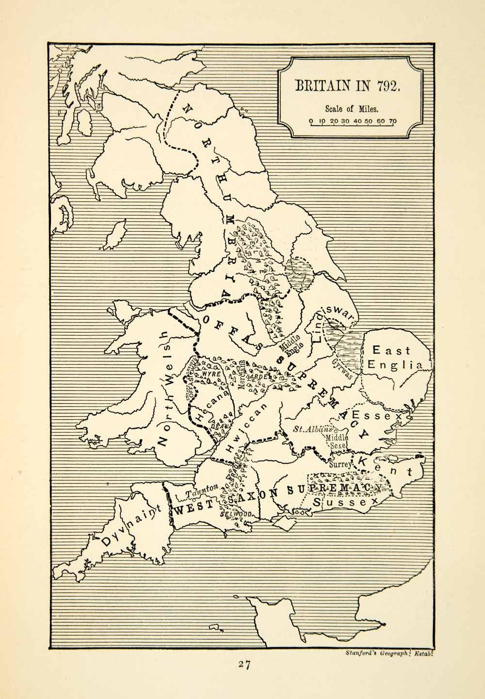 1882 Print Map Britain Saxon Offas Northumbria Englia Lindiswara Dyvnaint XELA2