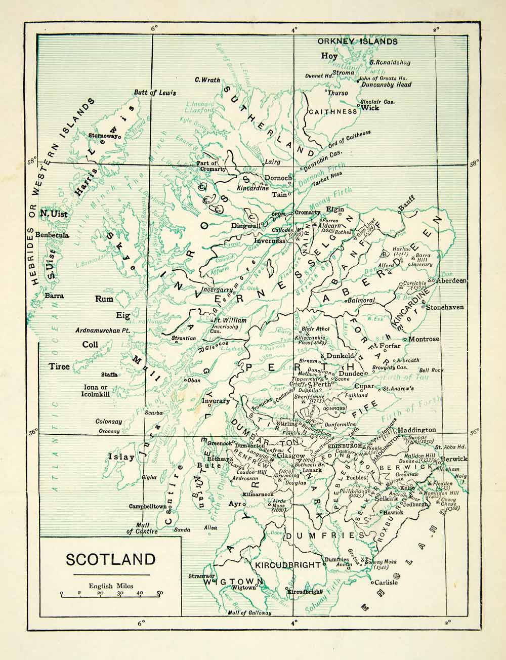 1907 Print Map Scotland Regions Cities Orkney Islands Hebrides United XELA7
