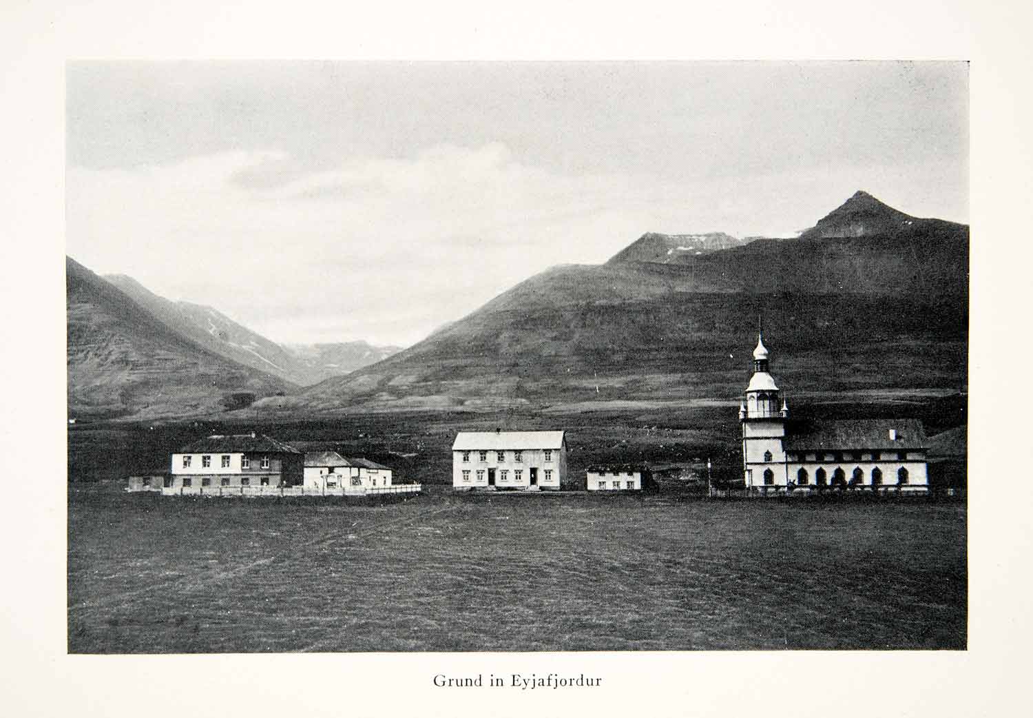 1930 Print Iceland Grund Church Eyjafjordur Fjord Sea Village Mountain XEM6