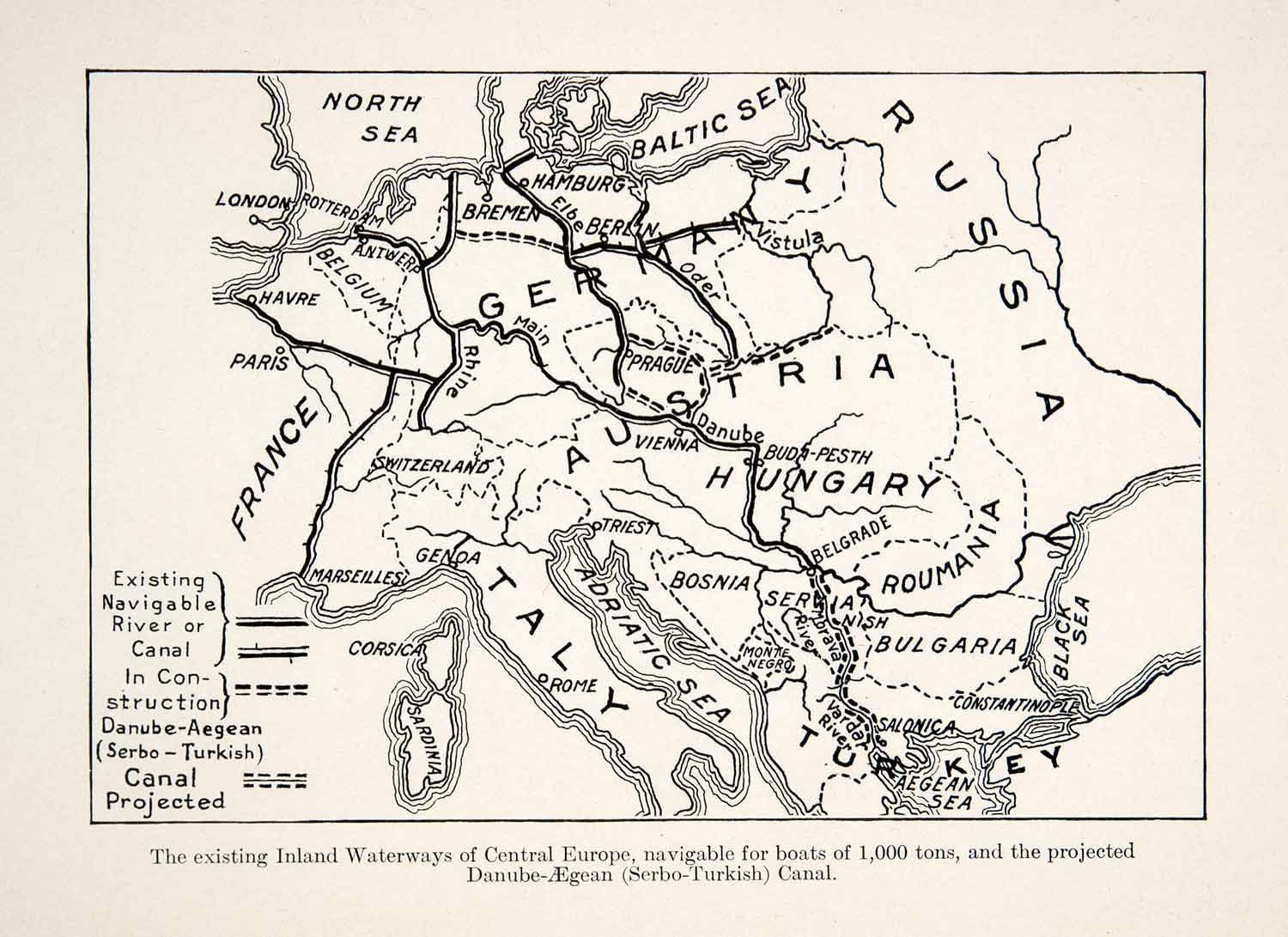 1910 Print Map Inland Waterway Europe Balkan Danube Aegean Canal Serbia XEM8