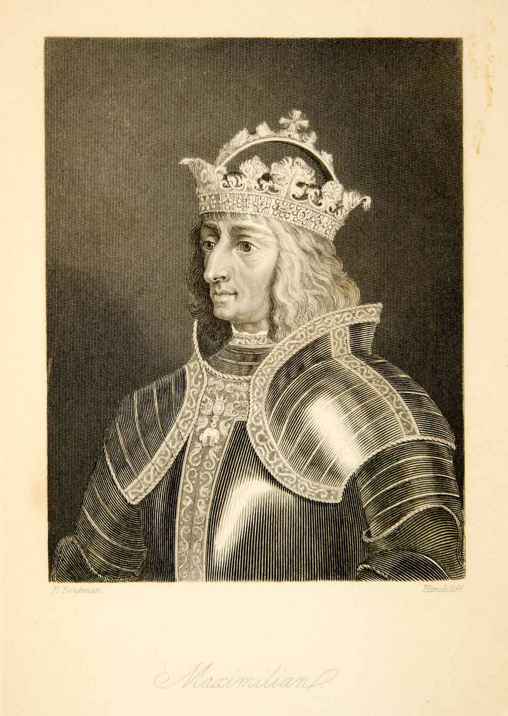 1882 Steel Engraving Maximilian Holy Roman Emperor Portrait Armor Crown  XEMA4