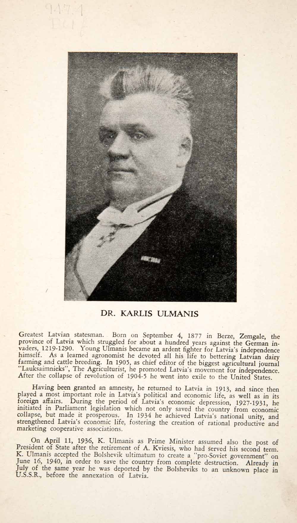 1944 Print Latvia Statesman Dr. Karlis Ulmanis Portrait Political XEN3