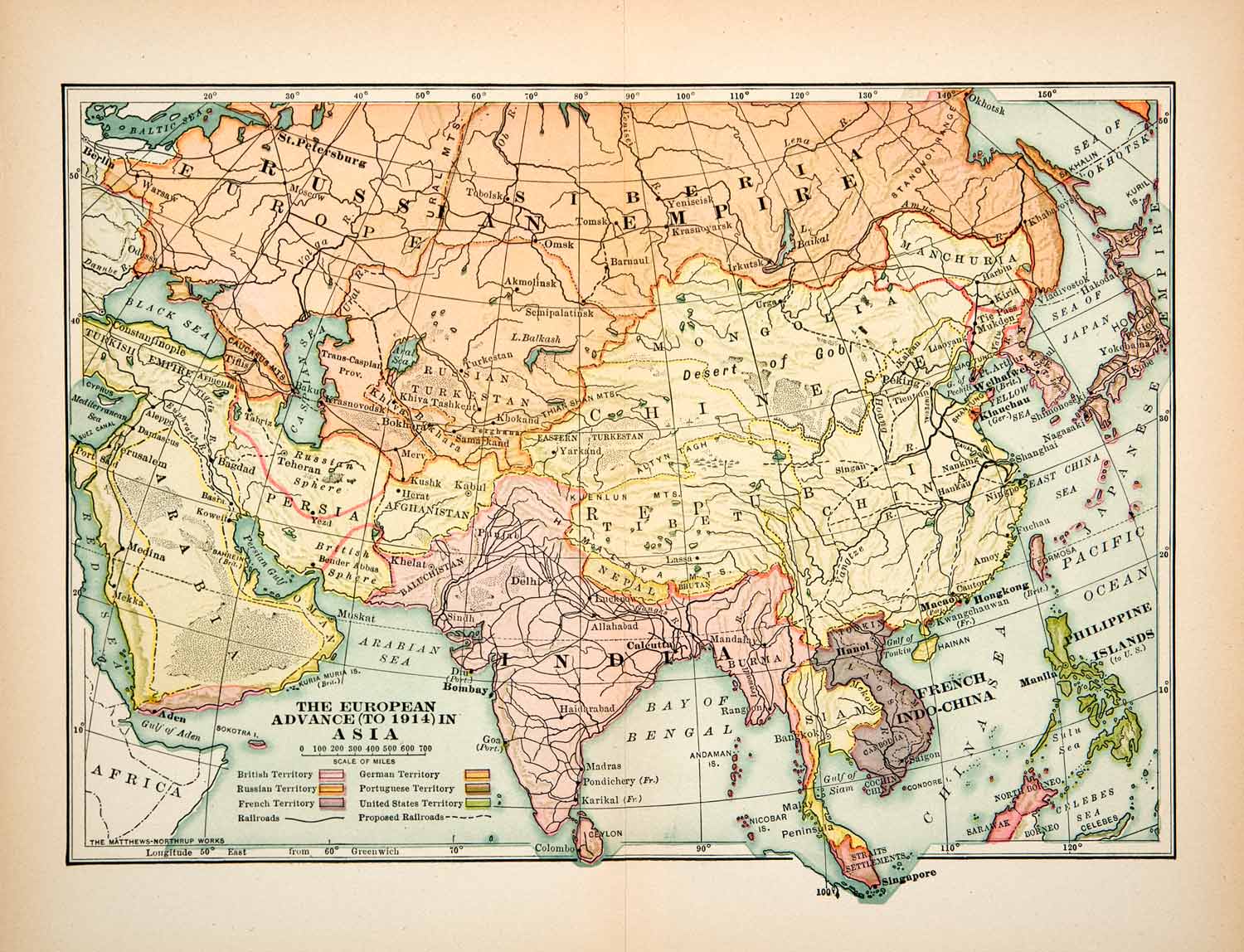 1921 Print Map European Colonial Territory Asia British Russian French XEN4